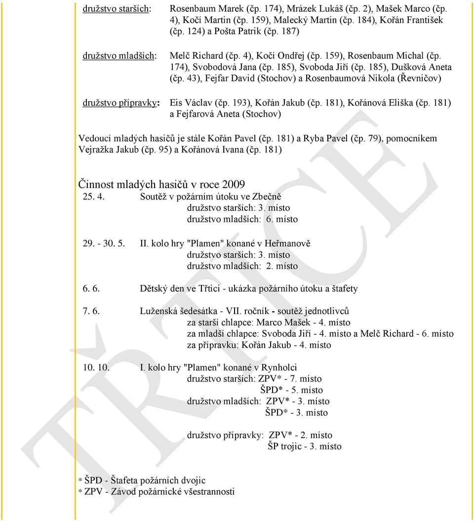 43), Fejfar David (Stochov) a Rosenbaumová Nikola (Řevničov) druţstvo přípravky: Eis Václav (čp. 193), Kořán Jakub (čp. 181), Kořánová Eliška (čp.