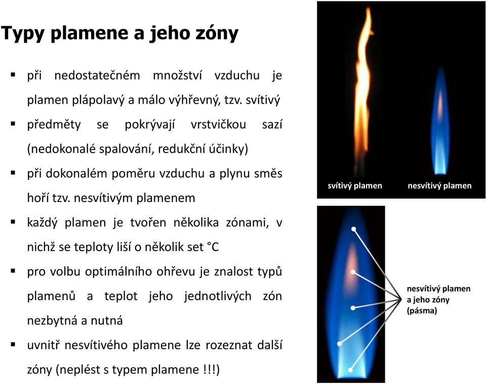 nesvítivým plamenem každý plamen je tvořen několika zónami, v nichž se teploty liší o několik set C pro volbu optimálního ohřevu je znalost typů