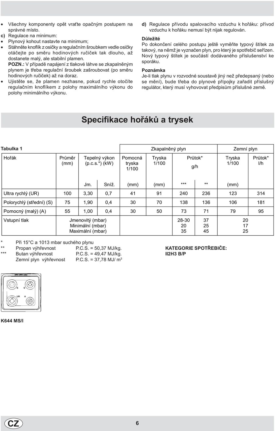 stabilní plamen. POZN.: V pøípadì napájení z tlakové láhve se zkapalnìným plynem je tøeba regulaèní šroubek zašroubovat (po smìru hodinových ruèièek) až na doraz.