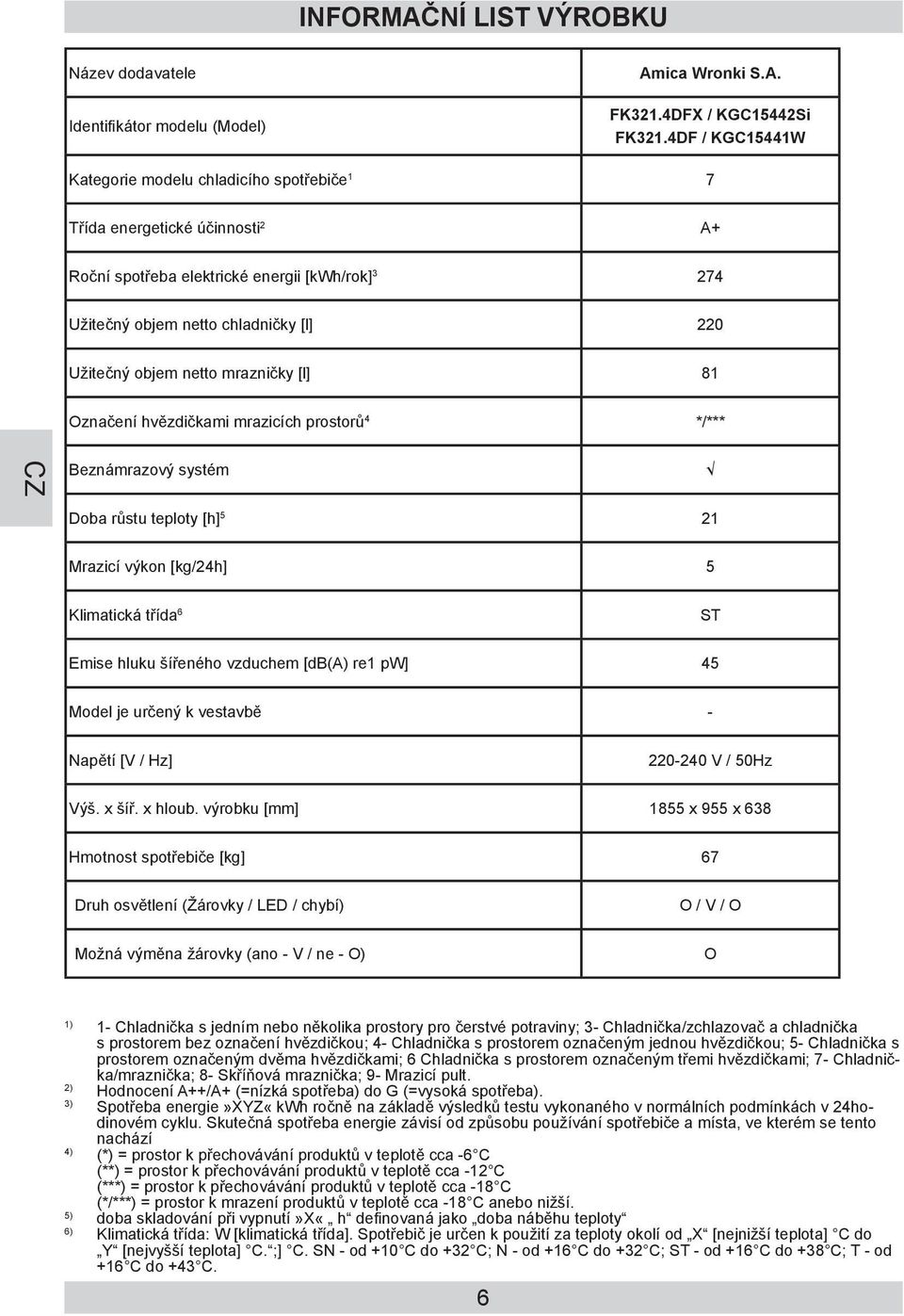 5 Klimatická třída 6 Emise hluku šířeného vzduchem [db(a) re1 pw] 45 Model je určený k vestavbě - Napětí [V / Hz] Výš. x šíř. x hloub.