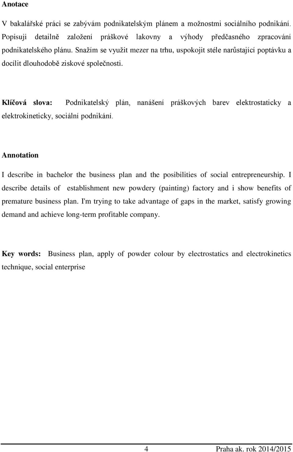 Podnikatelský plán, nanášení práškových barev elektrostaticky a Annotation I describe in bachelor the business plan and the posibilities of social entrepreneurship.