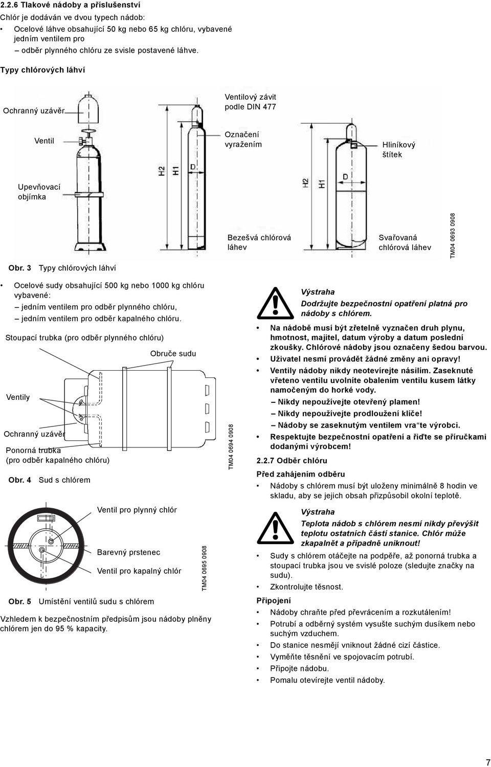 Typy chlórových láhví Ochranný uzávěr Ventilový závit podle DIN 477 Ventil Označení vyražením Hliníkový štítek Upevňovací objímka Bezešvá chlórová láhev Svařovaná chlórová láhev TM04 0693 0908 Obr.