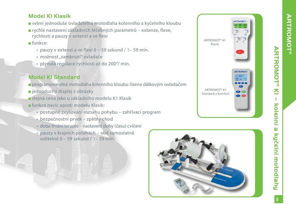 Model K1 Standard programovatelná motodlaha kolenního kloubu řízena dálkovým ovladačem jednoduchý displej s obrázky stejná cena jako u základního modelu K1 Klasik funkce navíc oproti modelu Klasik: