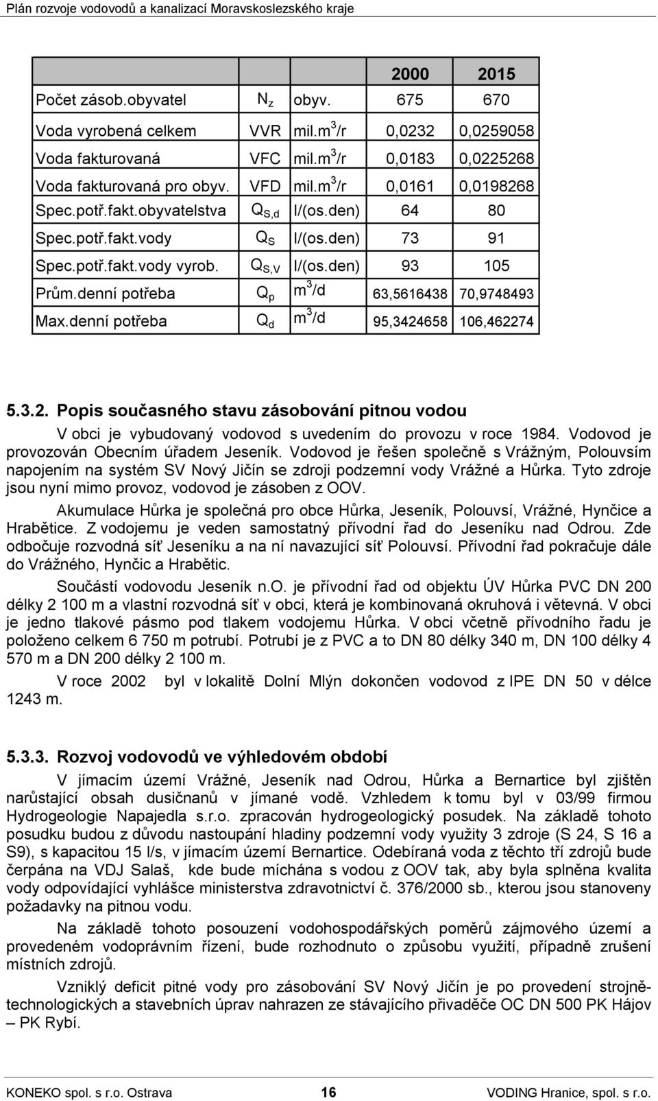 denní potřeba Q p m 3 /d 63,5616438 70,9748493 Max.denní potřeba Q d m 3 /d 95,3424658 106,462274 5.3.2. Popis současného stavu zásobování pitnou vodou V obci je vybudovaný vodovod s uvedením do provozu v roce 1984.