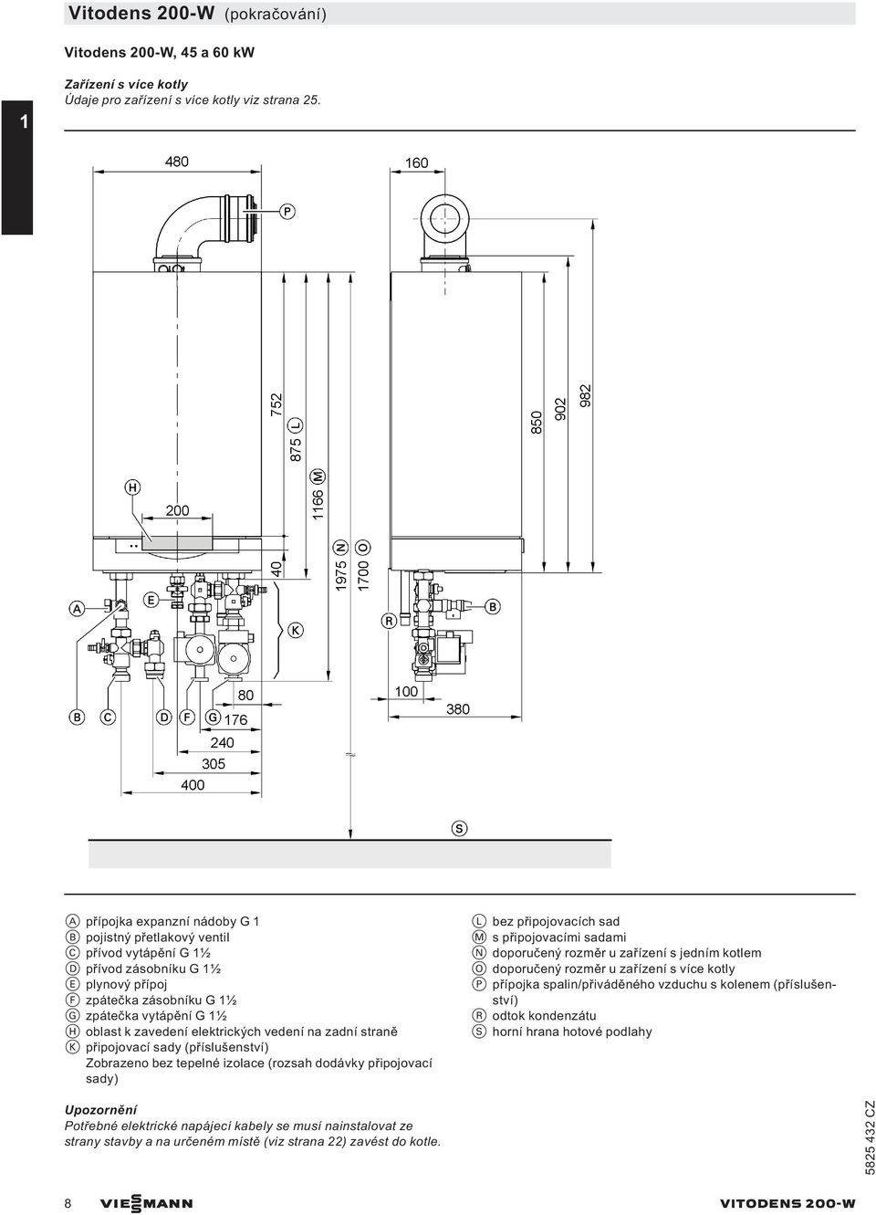 elektrických vedení na zadní straně K připojovací sady (příslušenství) Zobrazeno bez tepelné izolace (rozsah dodávky připojovací sady) L bez připojovacích sad M spřipojovacími sadami N doporučený