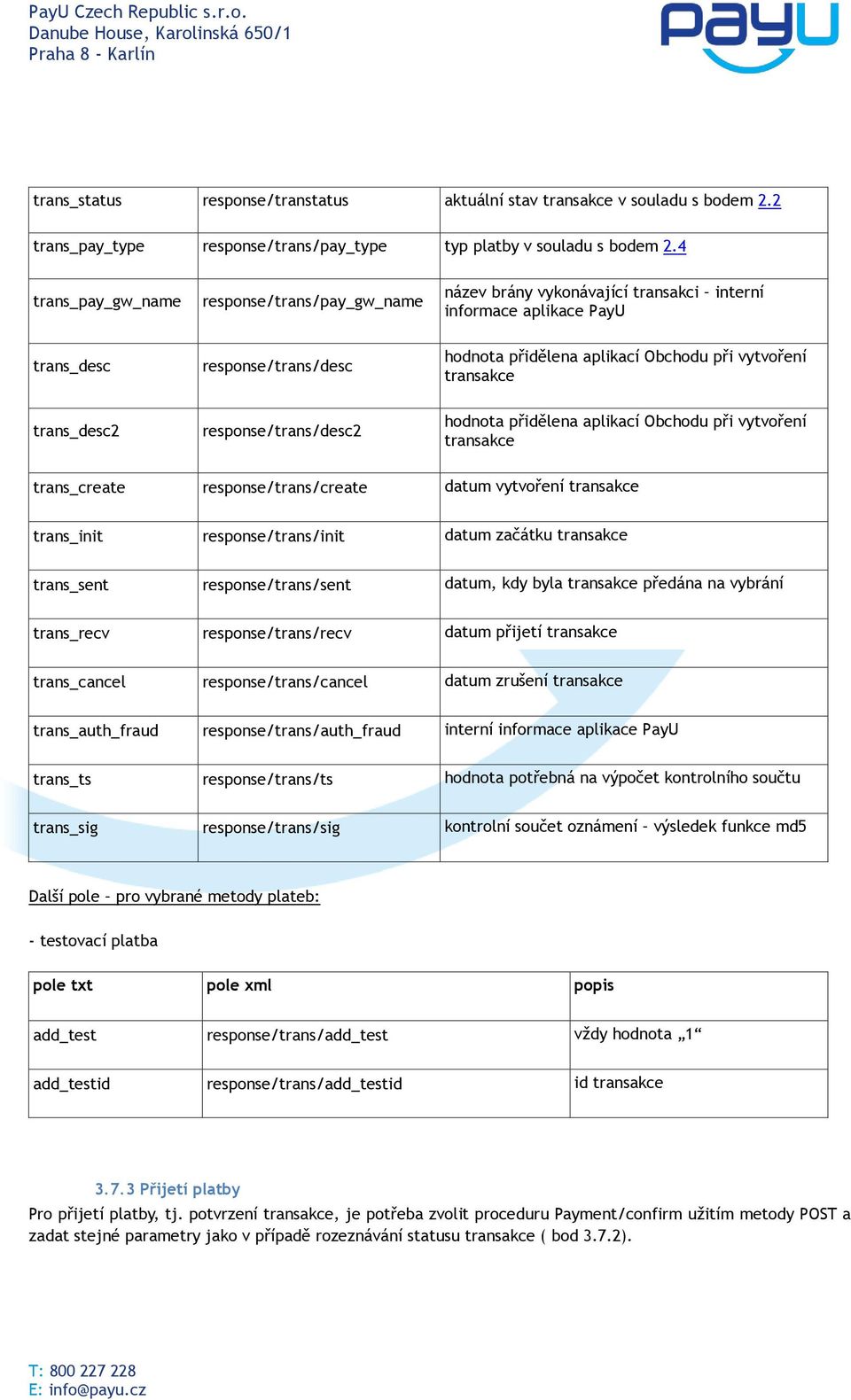 transakce trans_desc2 response/trans/desc2 hodnota přidělena aplikací Obchodu při vytvoření transakce trans_create response/trans/create datum vytvoření transakce trans_init response/trans/init datum