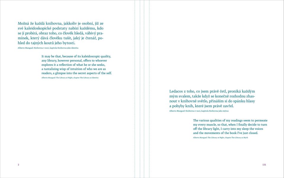 Alberto Manguel: Knihovna v noci, kapitola Knihovna jako identita It may be that, because of its kaleidoscopic quality, any library, however personal, offers to whoever explores it a reflection of