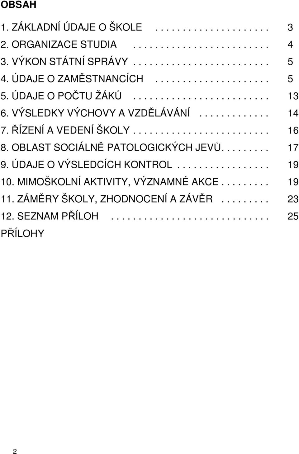 ŘÍZENÍ A VEDENÍ ŠKOLY......................... 16 8. OBLAST SOCIÁLNĚ PATOLOGICKÝCH JEVŮ......... 17 9. ÚDAJE O VÝSLEDCÍCH KONTROL................. 19 10.