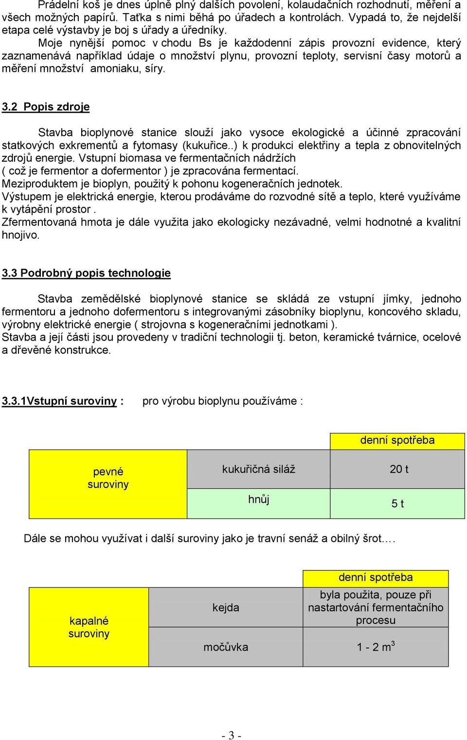 Moje nynější pomoc v chodu Bs je každodenní zápis provozní evidence, který zaznamenává například údaje o množství plynu, provozní teploty, servisní časy motorů a měření množství amoniaku, síry. 3.