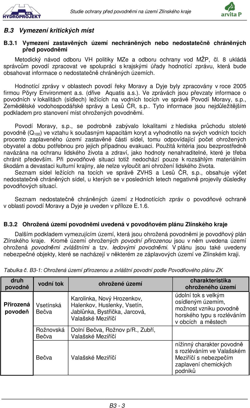 Hodnotící zprávy v oblastech povodí eky Moravy a Dyje byly zpracovány v roce 2005 firmou Pöyry Environment a.s. (dive Aquatis a.s.).