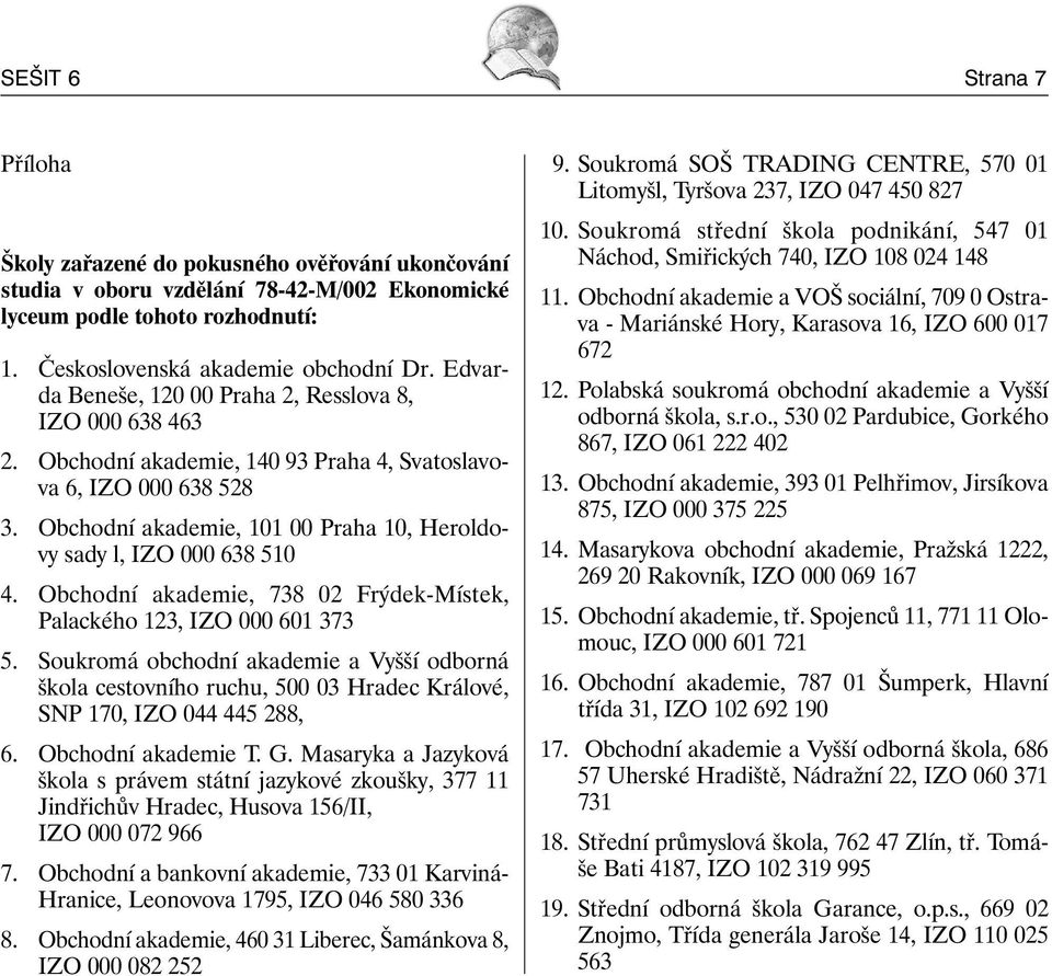 Obchodní akademie, 101 00 Praha 10, Heroldovy sady l, IZO 000 638 510 4. Obchodní akademie, 738 02 Frýdek-Místek, Palackého 123, IZO 000 601 373 5.