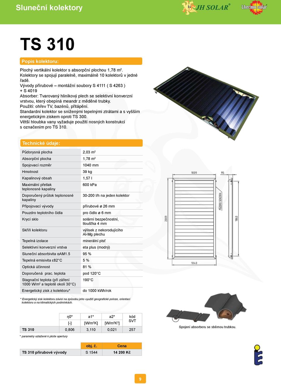 Použití: ohřev TV, bazénů, přitápění. Standardní kolektor se sníženými tepelnými ztrátami a s vyšším energetickým ziskem oproti TS 300.