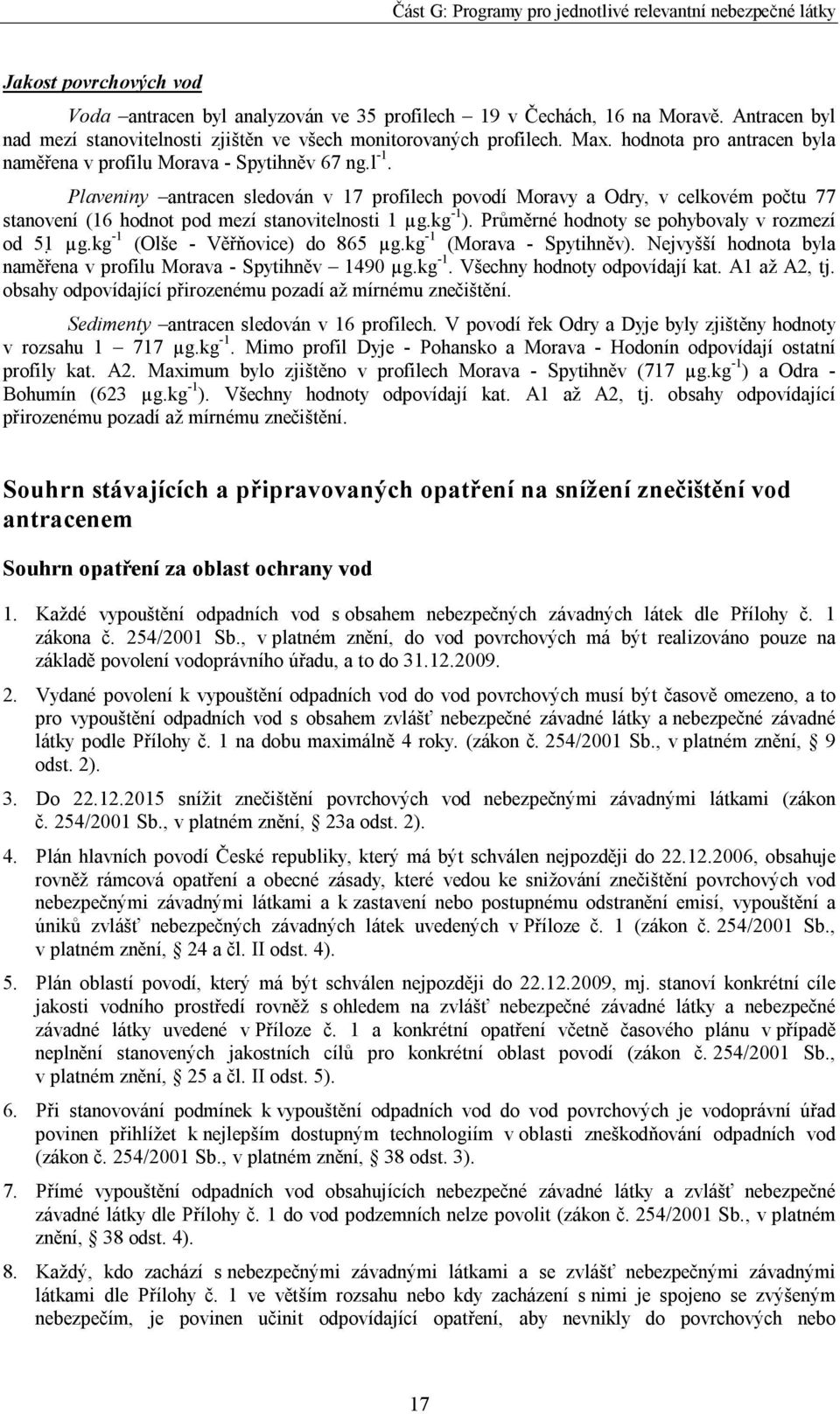 Plaveniny antracen sledován v 17 profilech povodí Moravy a Odry, v celkovém počtu 77 stanovení (16 hodnot pod mezí stanovitelnosti 1 µg.kg -1 ). Průměrné hodnoty se pohybovaly v rozmezí od 51 µg.