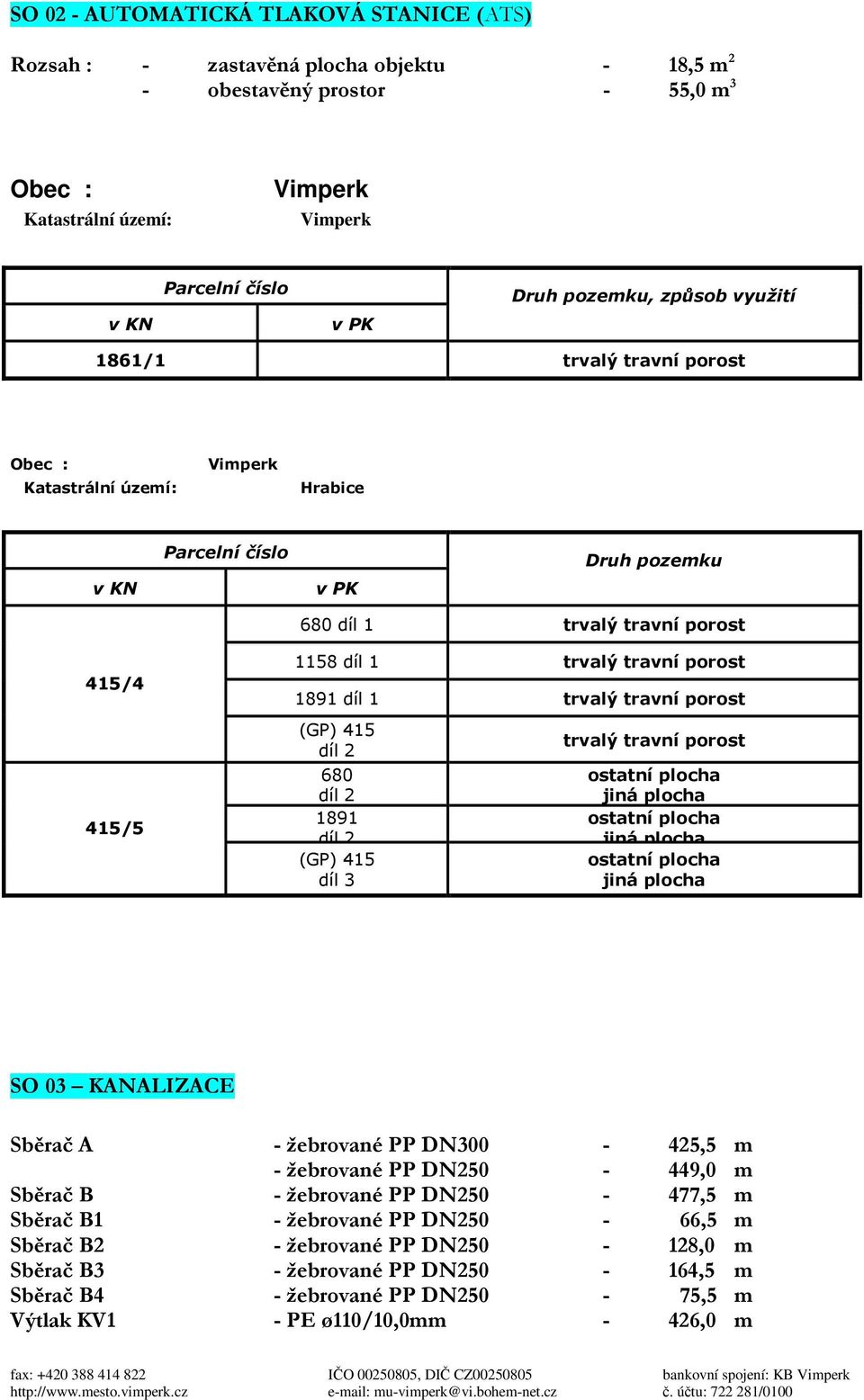 415 680 1891 415 díl 3 SO 03 KANALIZACE Sběrač A - žebrované PP DN300-425,5 m - žebrované PP DN250-449,0 m Sběrač B - žebrované PP DN250-477,5 m Sběrač B1 -