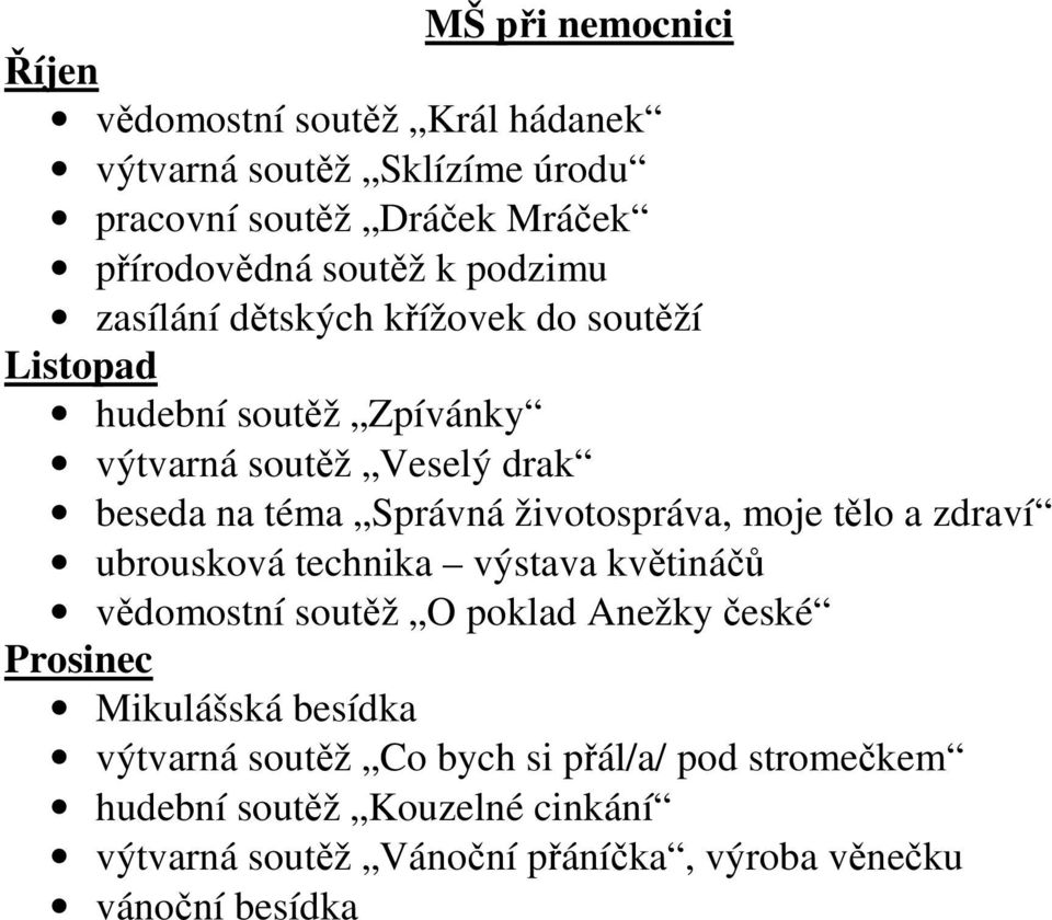 životospráva, moje tělo a zdraví ubrousková technika výstava květináčů vědomostní soutěž O poklad Anežky české Prosinec Mikulášská