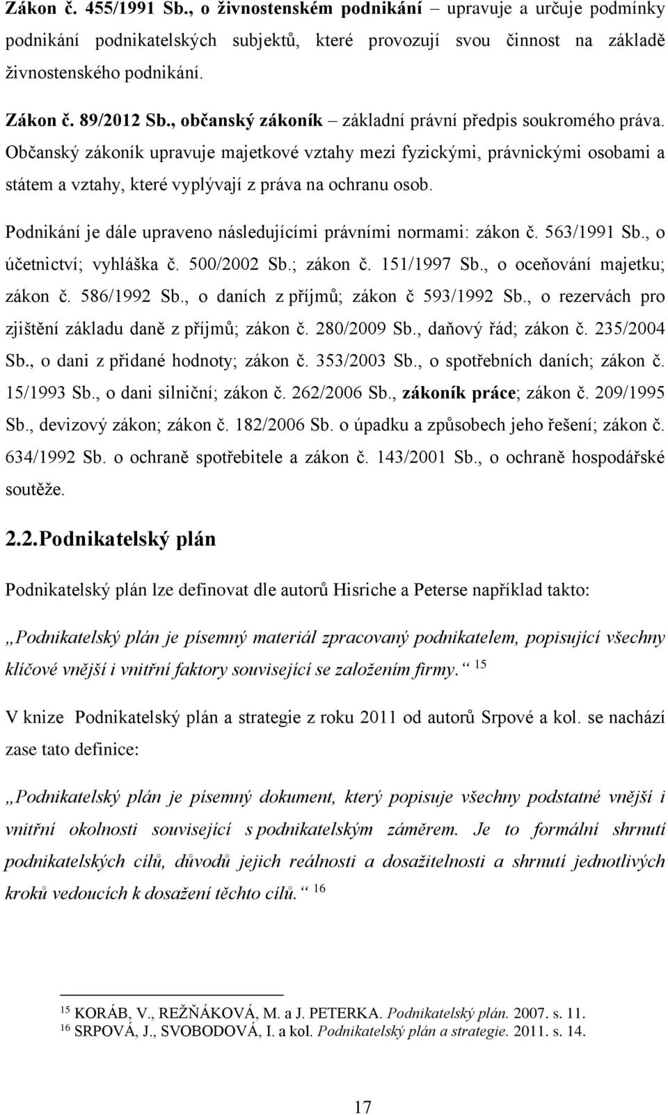 Podnikání je dále upraveno následujícími právními normami: zákon č. 563/1991 Sb., o účetnictví; vyhláška č. 500/2002 Sb.; zákon č. 151/1997 Sb., o oceňování majetku; zákon č. 586/1992 Sb.