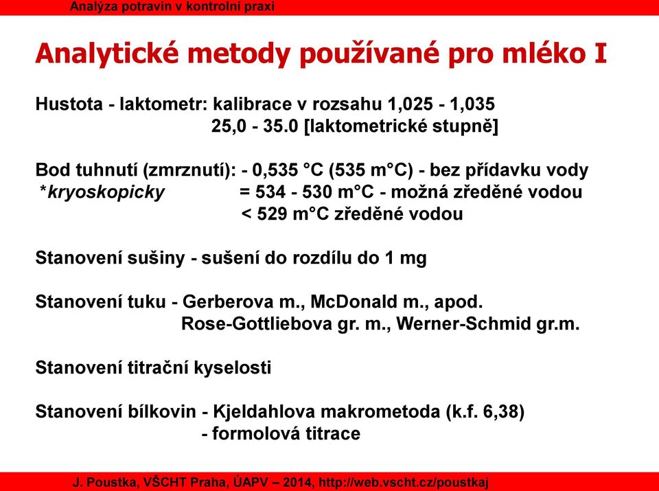 zředěné vodou < 529 m C zředěné vodou Stanovení sušiny - sušení do rozdílu do 1 mg Stanovení tuku - Gerberova m., McDonald m.