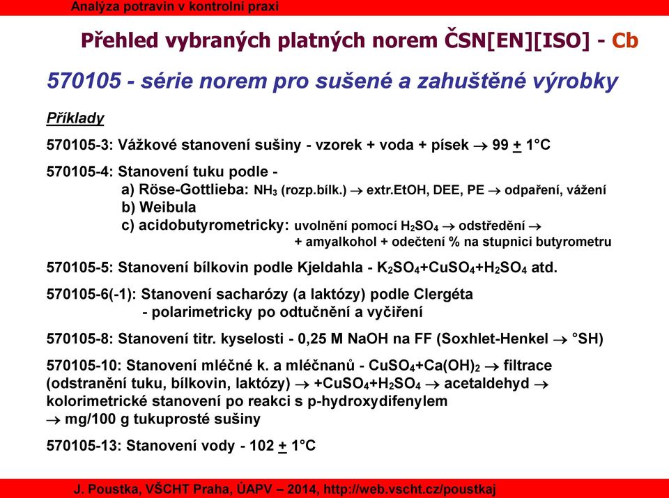 etoh, DEE, PE odpaření, vážení b) Weibula c) acidobutyrometricky: uvolnění pomocí H 2 SO 4 odstředění + amyalkohol + odečtení % na stupnici butyrometru 570105-5: Stanovení bílkovin podle Kjeldahla -