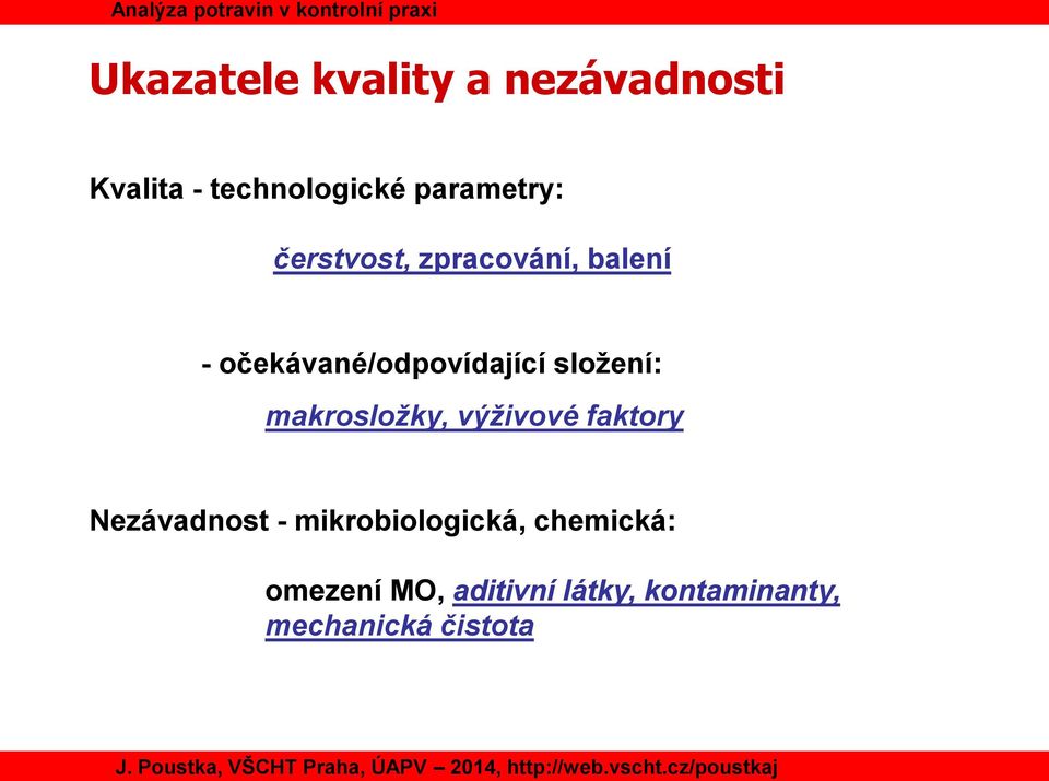 složení: makrosložky, výživové faktory Nezávadnost -