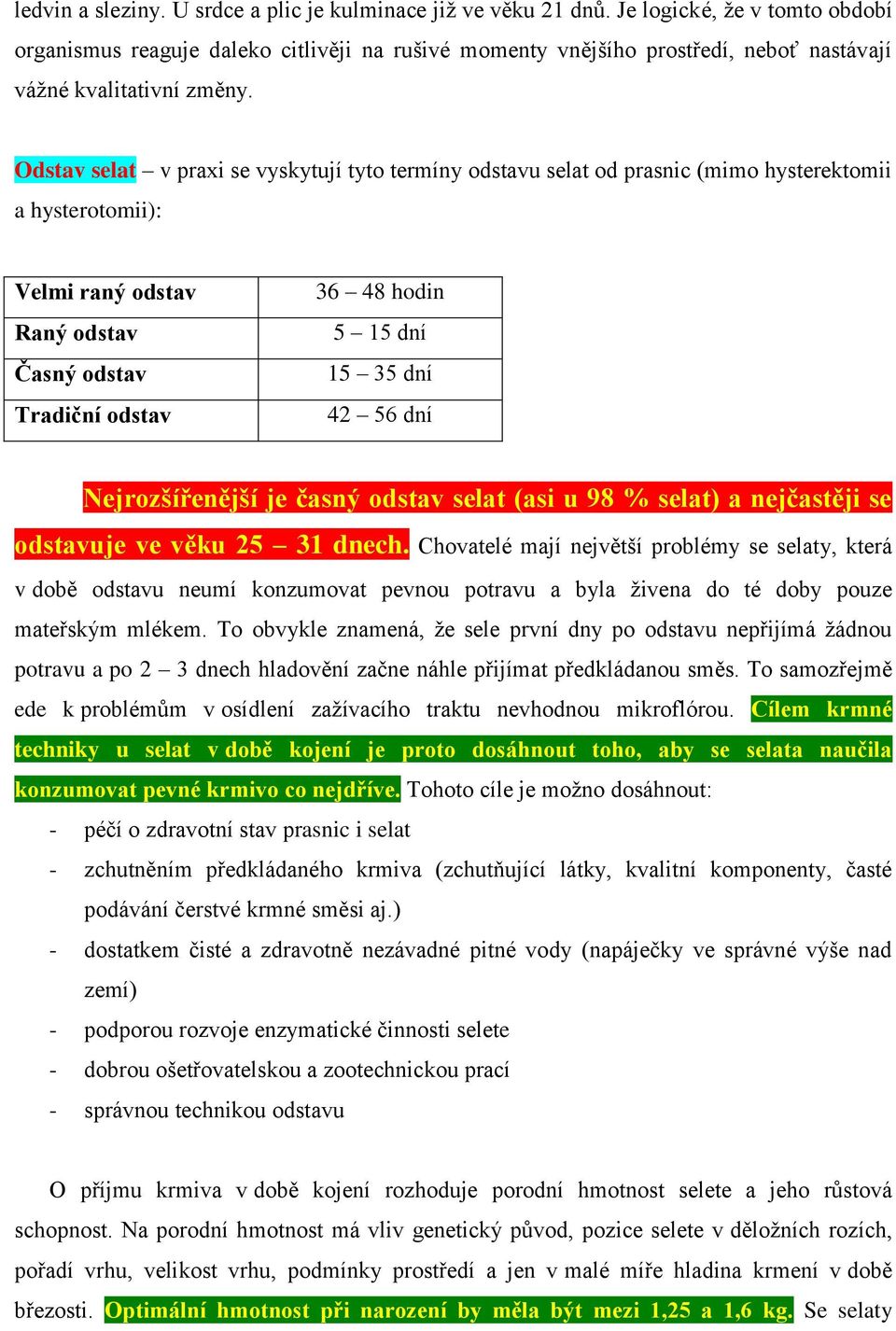 Odstav selat v praxi se vyskytují tyto termíny odstavu selat od prasnic (mimo hysterektomii a hysterotomii): Velmi raný odstav Raný odstav Časný odstav Tradiční odstav 36 48 hodin 5 15 dní 15 35 dní