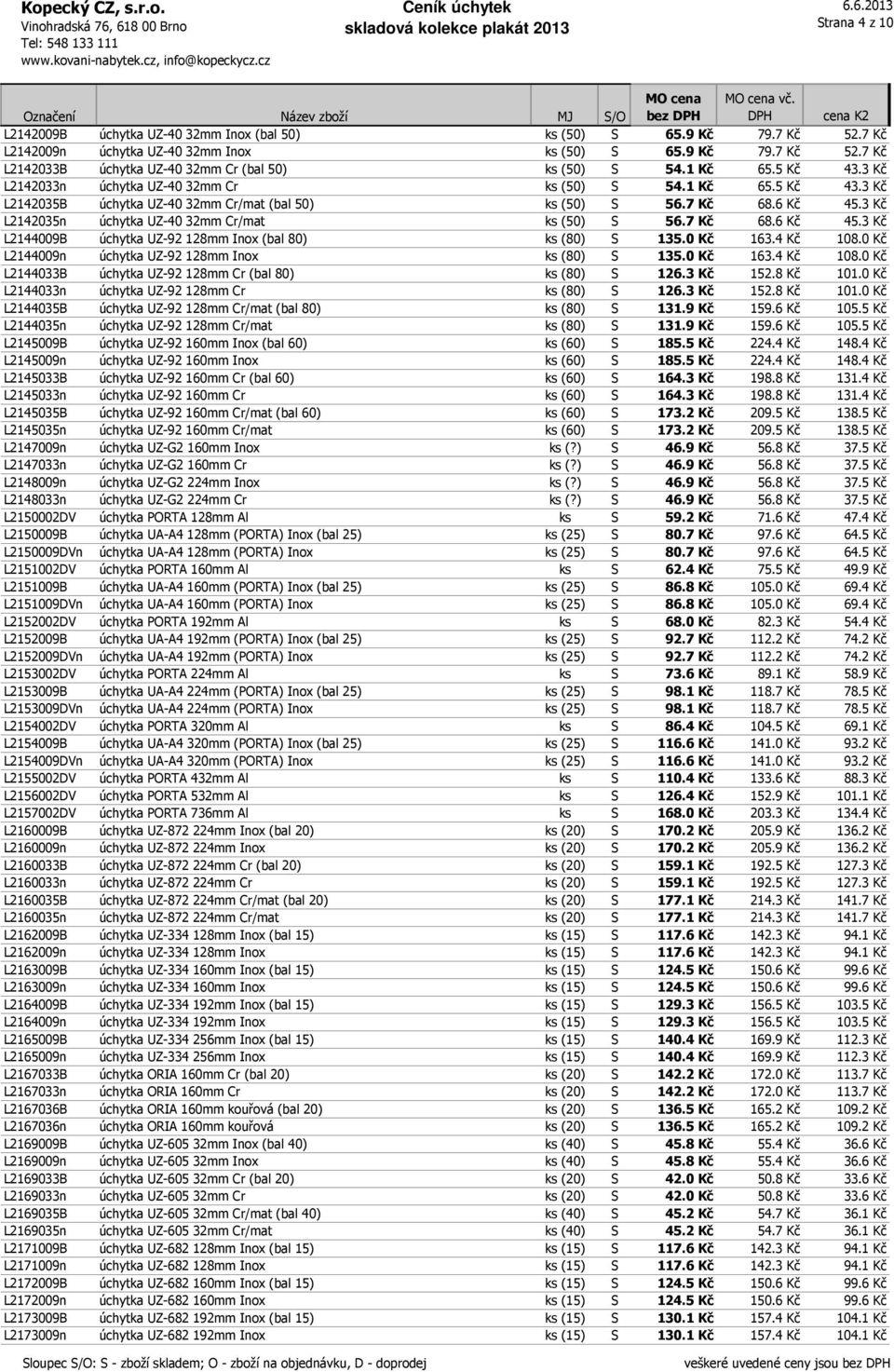 3 Kč L2142035n úchytka UZ-40 32mm Cr/mat ks (50) S 56.7 Kč 68.6 Kč 45.3 Kč L2144009B úchytka UZ-92 128mm Inox (bal 80) ks (80) S 135.0 Kč 163.4 Kč 108.