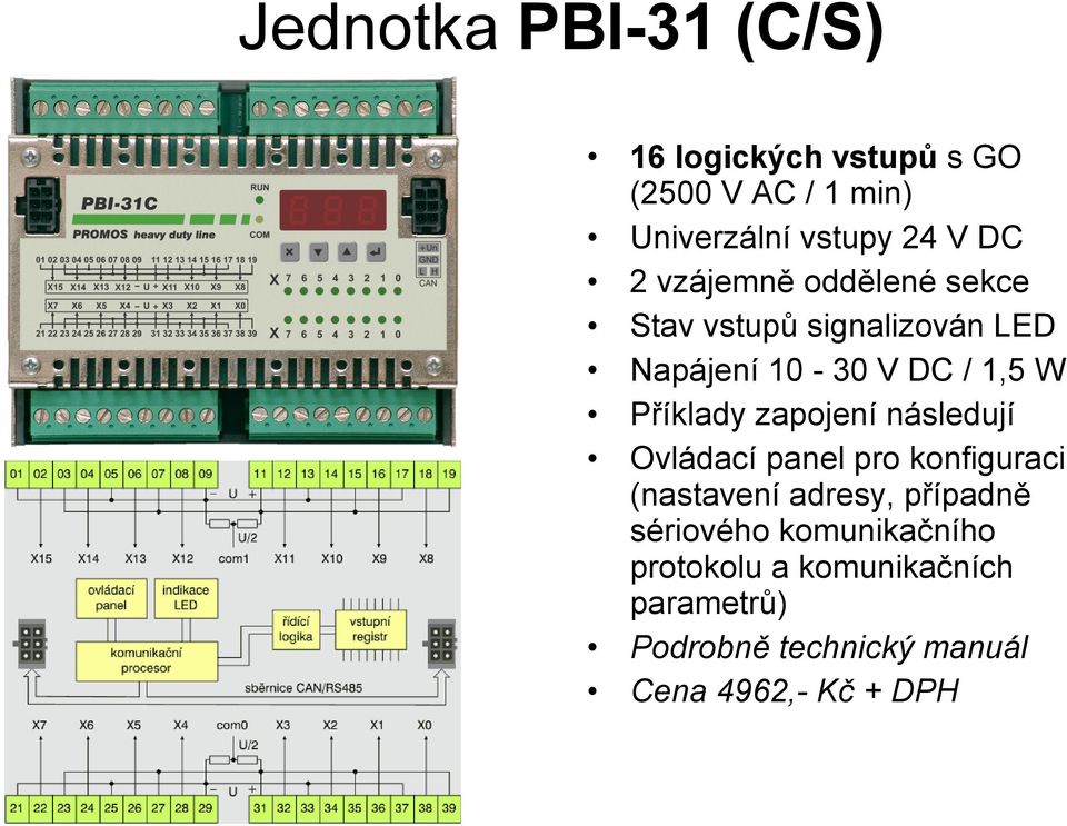 Příklady zapojení následují Ovládací panel pro konfiguraci (nastavení adresy, případně