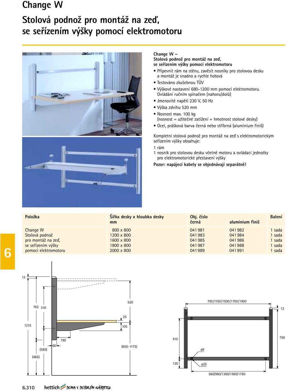 Ovládání ručním spínačem (nahoru/dolů) Jmenovité napětí 230 V, 50 Hz Výška zdvihu 520 mm Nosnost max.