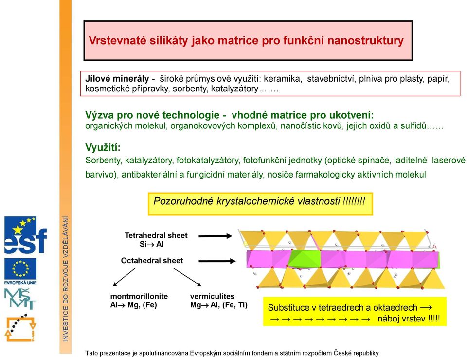 Výzva pro nové technologie - vhodné matrice pro ukotvení: organických molekul, organokovových komplexů, nanočístic kovů, jejich oxidů a sulfidů Využití: Sorbenty, katalyzátory,