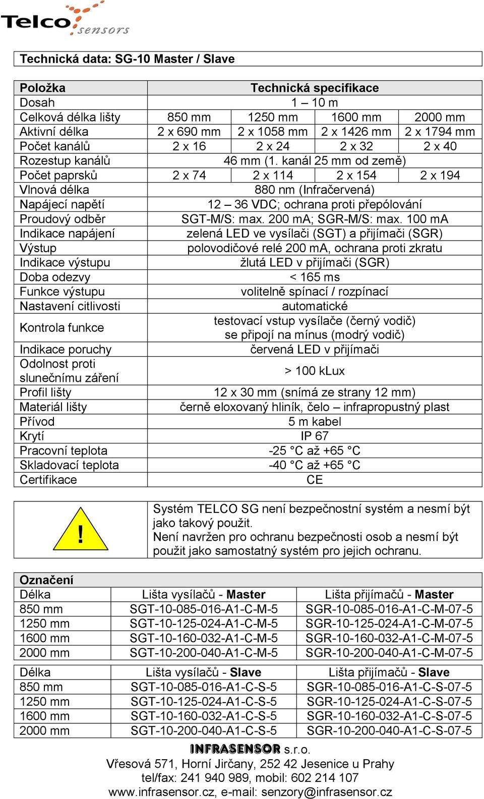 kanál 25 mm od země) Počet paprsků 2 x 74 2 x 114 2 x 154 2 x 194 Vlnová délka 880 nm (Infračervená) Napájecí napětí 12 36 VDC; ochrana proti přepólování Proudový odběr SGT-M/S: max.