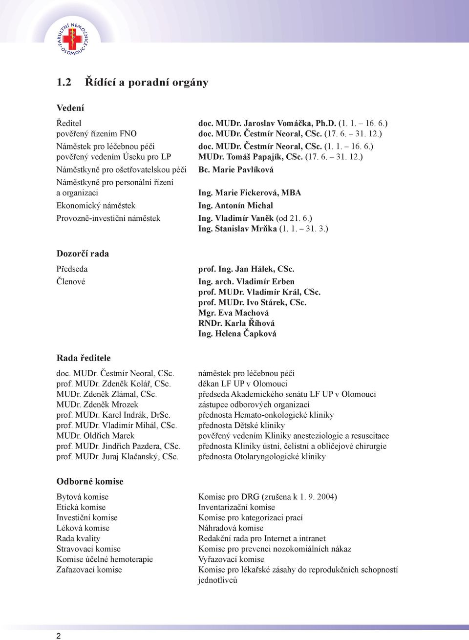 Antonín Michal Provozně-investiční náměstek Ing. Vladimír Vaněk (od 21. 6.) Ing. Stanislav Mrňka (1. 1. 31. 3.) Dozorčí rada Předseda Členové Rada ředitele doc. MUDr. Čestmír Neoral, CSc. prof. MUDr. Zdeněk Kolář, CSc.