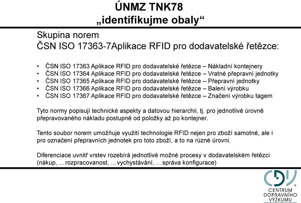 ISO 17367 Aplikace RFID pro dodavatelské řetězce Značení výrobku tagem Tyto normy popisují technické aspekty a datovou hierarchii, tj.
