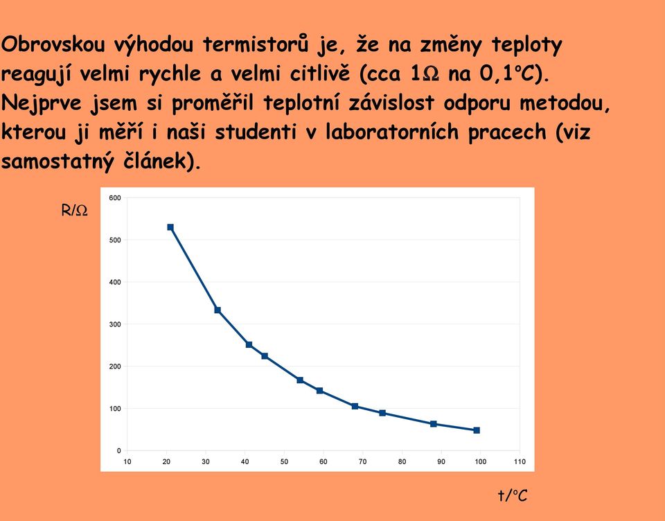 Nejprve jsem si proměřil teplotní závislost odporu metodou, kterou ji měří i