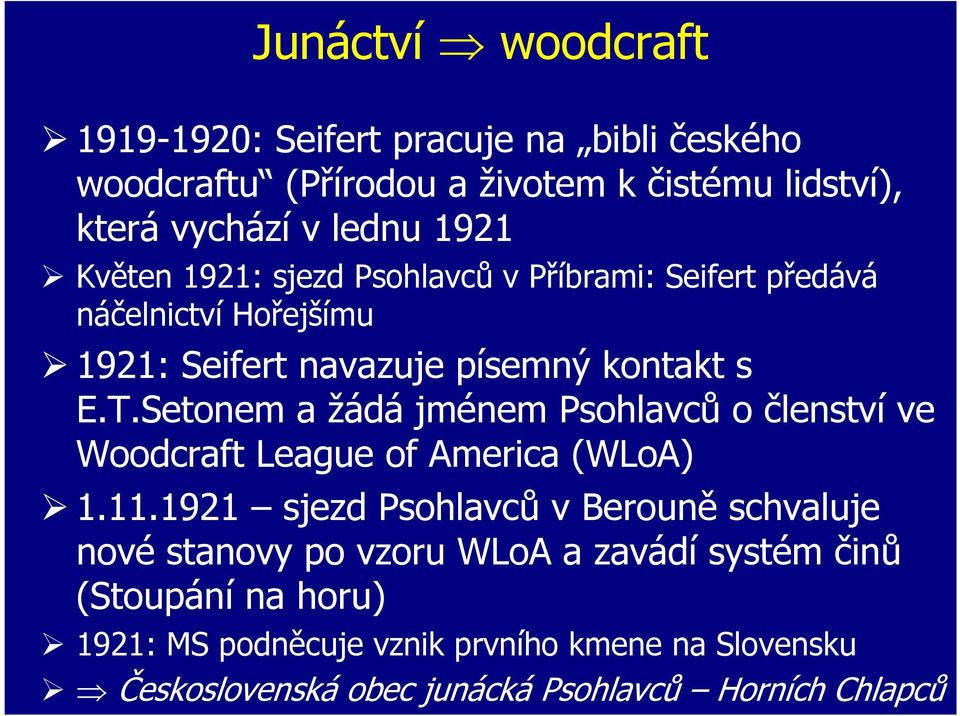 Setonem a žádá jménem Psohlavců o členství ve Woodcraft League of America (WLoA) 1.11.