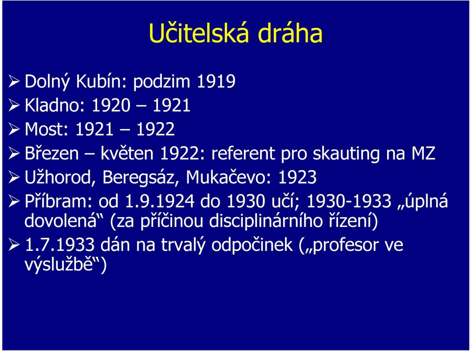 1923 Příbram: od 1.9.1924 do 1930 učí; 1930-1933 úplná dovolená (za příčinou