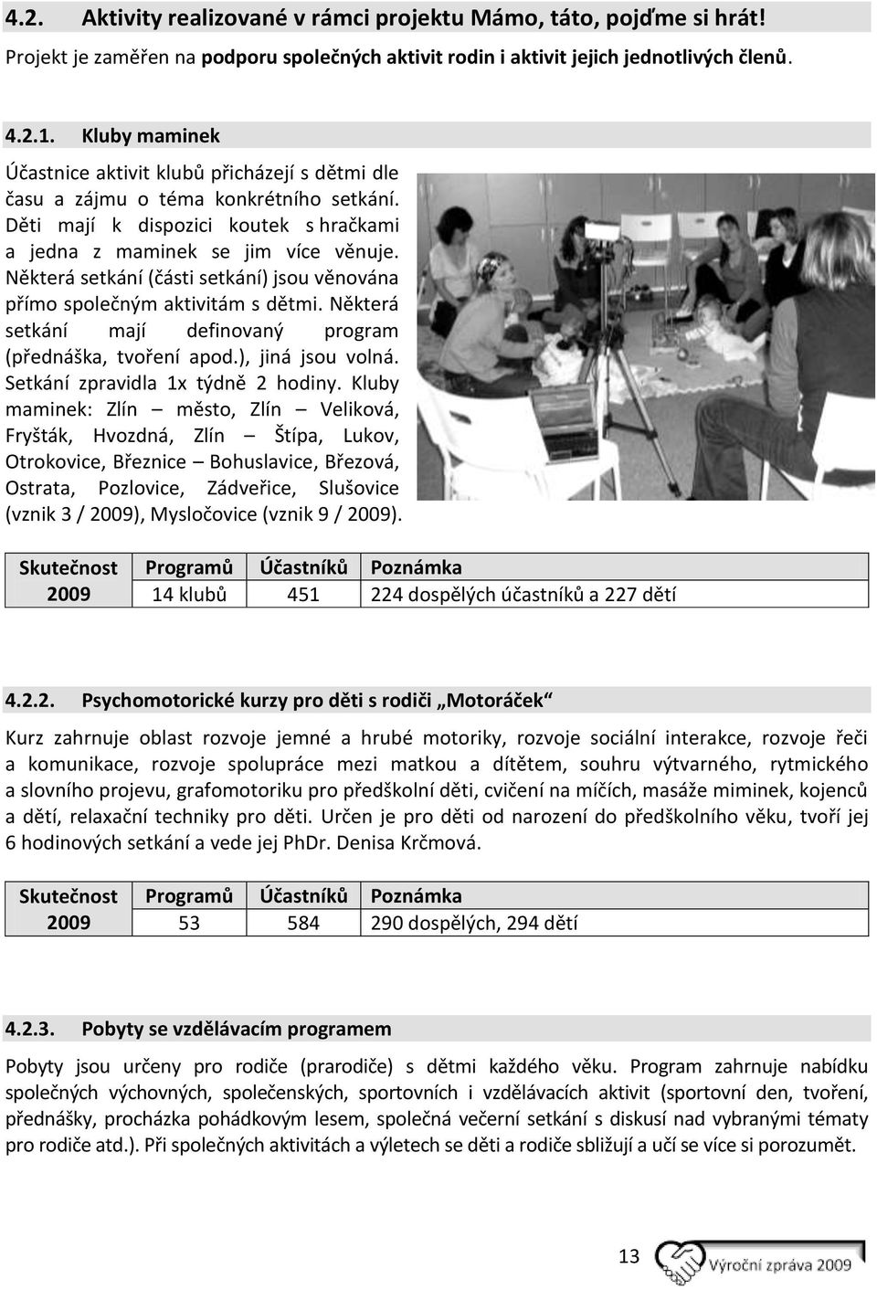 Některá setkání (části setkání) jsou věnována přímo společným aktivitám s dětmi. Některá setkání mají definovaný program (přednáška, tvoření apod.), jiná jsou volná.