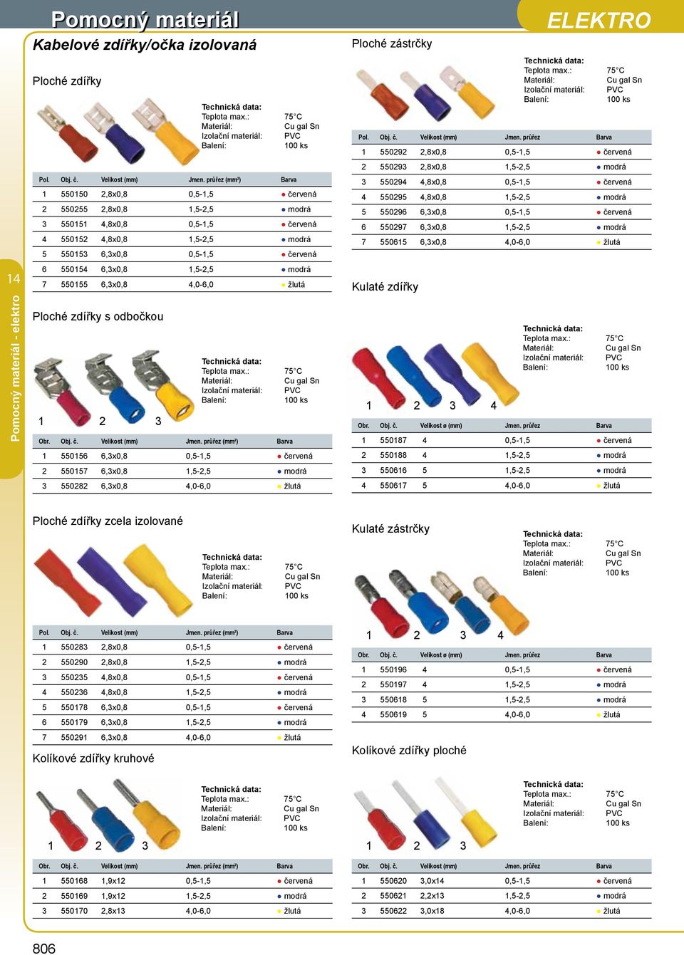 Ploché zdířky s odbočkou Teplota max.: 75 C Izolační materiál: PVC 00 ks Obr. Obj. č. Velikost (mm) Jmen.