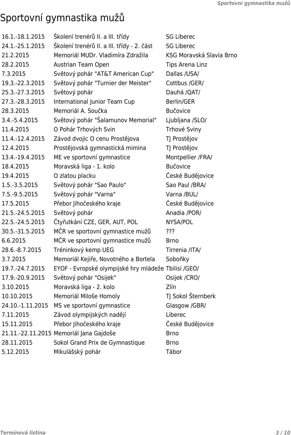 3.-27.3.2015 Světový pohár Dauhá /QAT/ 27.3.-28.3.2015 International Junior Team Cup Berlin/GER 28.3.2015 Memoriál A. Součka Bučovice 3.4.-5.4.2015 Světový pohár "Šalamunov Memorial" Ljubljana /SLO/ 11.