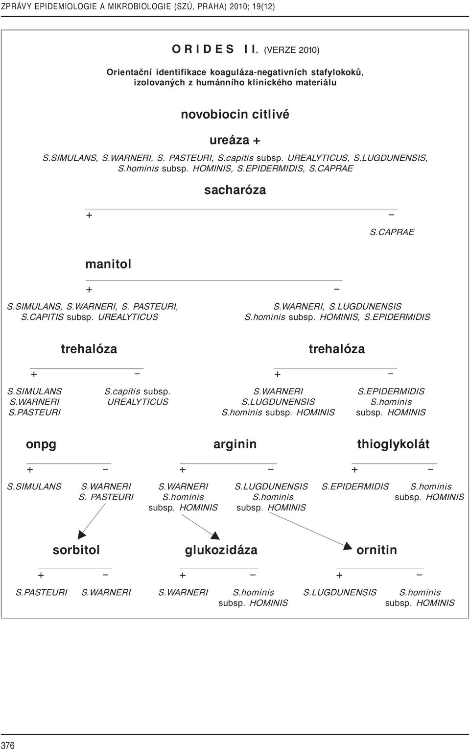 UREALYTICUS, S.LUGDUNENSIS, S.hominis subsp. HOMINIS, S.EPIDERMIDIS, S.CAPRAE sacharûza manitol S.SIMULANS, S.WARNERI, S. PASTEURI, S.CAPITIS subsp. UREALYTICUS S.CAPRAE S.WARNERI, S.LUGDUNENSIS S.