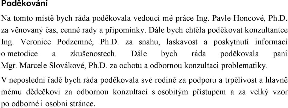 Dále bych ráda poděkovala paní Mgr. Marcele Slovákové, Ph.D. za ochotu a odbornou konzultaci problematiky.