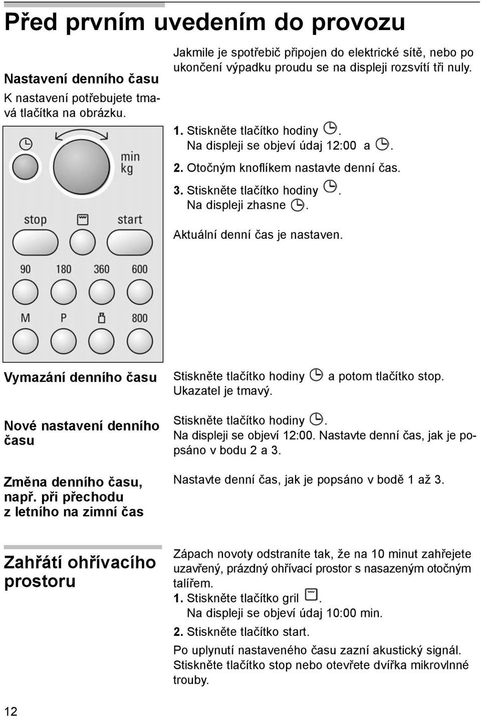 Otočným knoflíkem nastavte denní čas. 3. Stiskněte tlačítko hodiny. Na displeji zhasne. Aktuální denní čas je nastaven. Vymazání denního času Stiskněte tlačítko hodiny Ukazatel je tmavý.