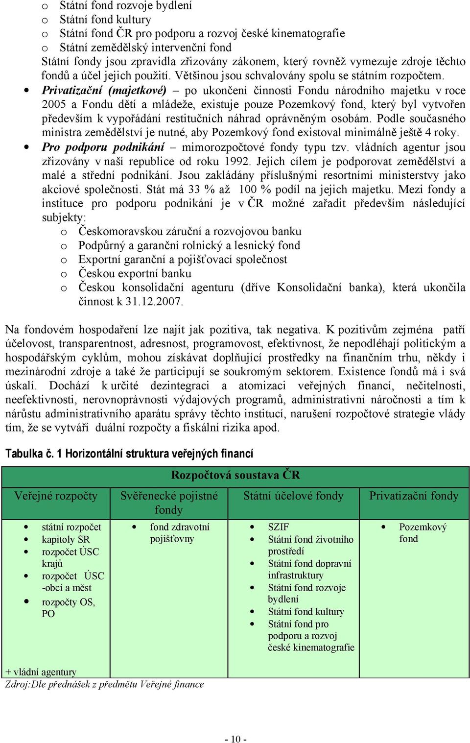 Privatizační (majetkové) po ukončení činnosti Fondu národního majetku v roce 2005 a Fondu dětí a mládeže, existuje pouze Pozemkový fond, který byl vytvořen především k vypořádání restitučních náhrad