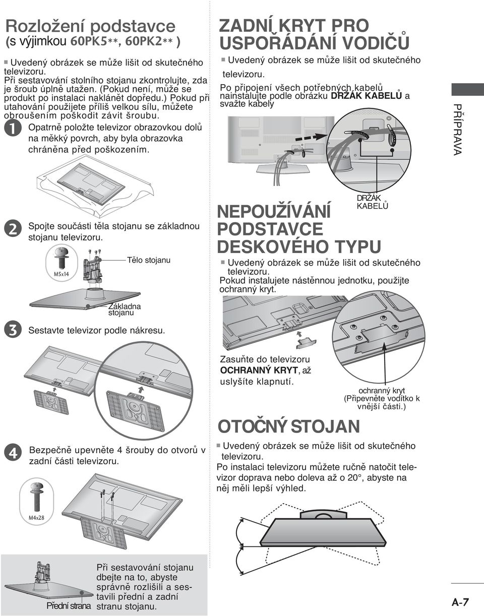 Opatrně položte televizor obrazovkou dolů na měkký povrch, aby byla obrazovka chráněna před poškozením. ZADNÍ KRYT PRO USPOŘÁDÁNÍ VODIČŮ Uvedený obrázek se může lišit od skutečného televizoru.
