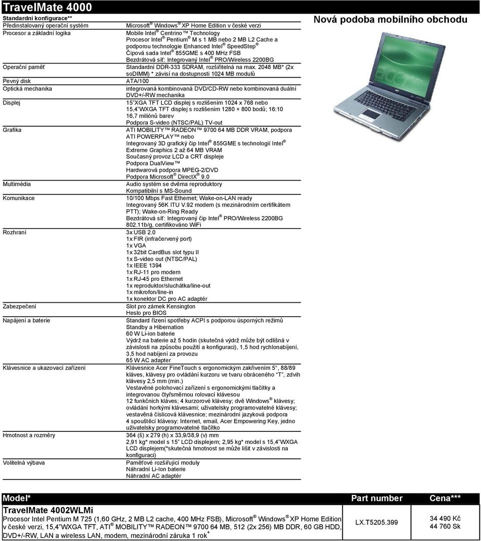 * závisí na dostupnosti 1024 MB modulů ATA/100 integrovaná kombinovaná DVD/CD-RW nebo kombinovaná duální DVD+/-RW mechanika Displej 15 XGA TFT LCD displej s rozlišením 1024 x 768 nebo 15,4 WXGA TFT