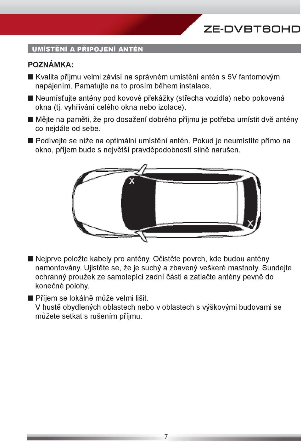 Mějte na paměti, že pro dosažení dobrého příjmu je potřeba umístit dvě antény co nejdále od sebe. Podívejte se níže na optimální umístění antén.