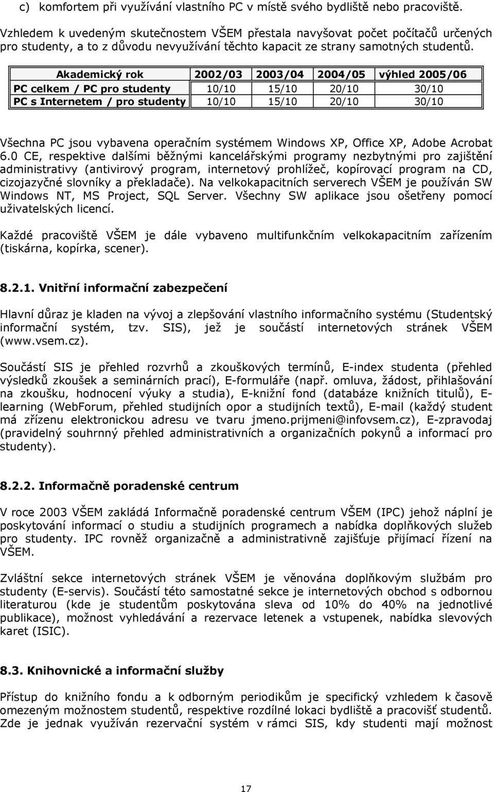 Akademický rok 2002/03 2003/04 2004/05 výhled 2005/06 PC celkem / PC pro studenty 10/10 15/10 20/10 30/10 PC s Internetem / pro studenty 10/10 15/10 20/10 30/10 Všechna PC jsou vybavena operačním