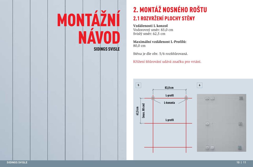 62,5 cm Maximální vzdálenost L-Profilů: 80,0 cm Stěna je dle obr. 5/6 rozšňůrovaná.