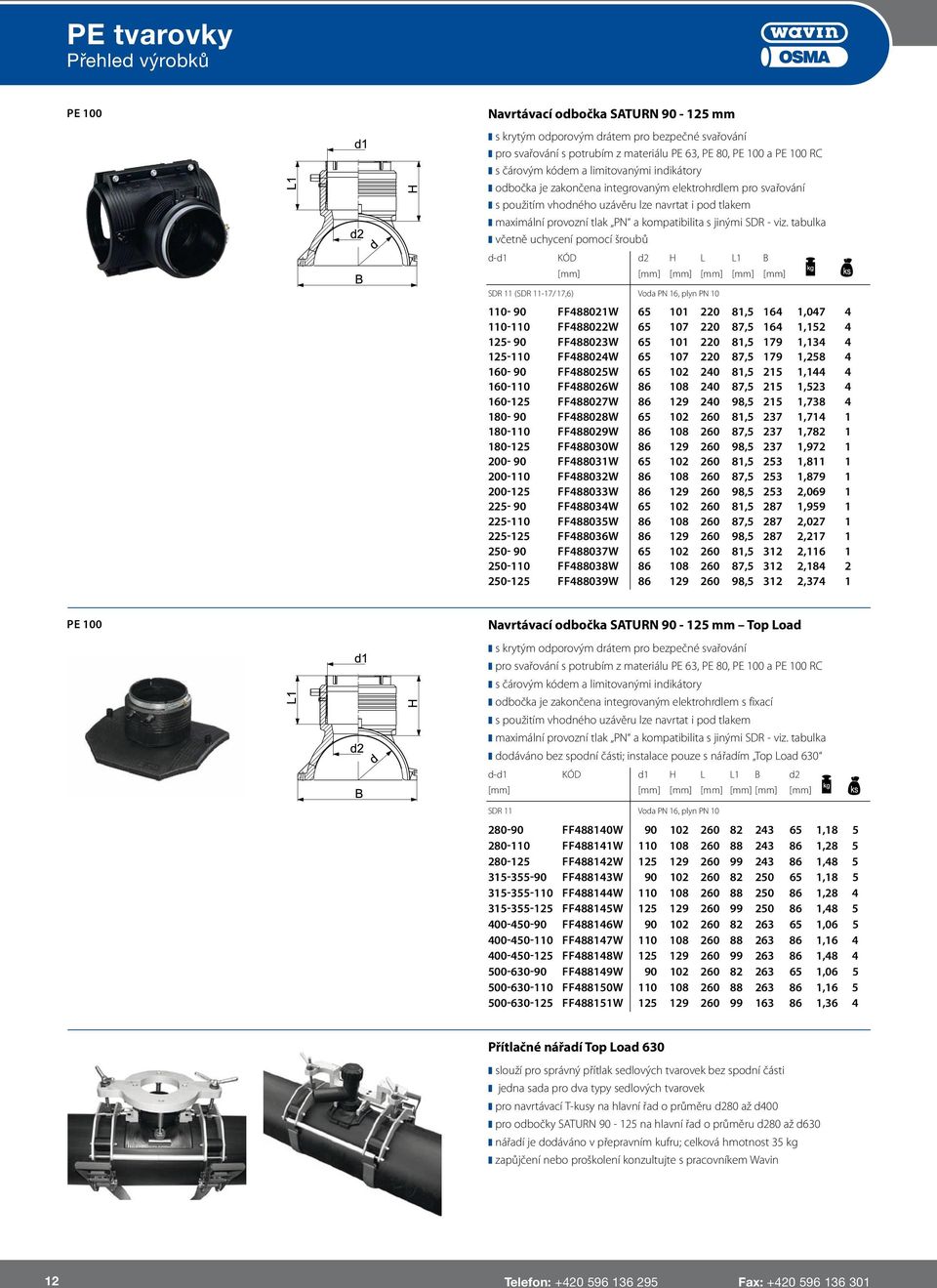 tabulka včetně uchycení pomocí šroubů d-d1 KÓD d2 H L L1 B [mm] SDR 11 (SDR 11-17 / 17,6) Voda PN 16, plyn PN 10 110-90 FF488021W 65 101 220 81,5 164 1,047 4 110-110 FF488022W 65 107 220 87,5 164