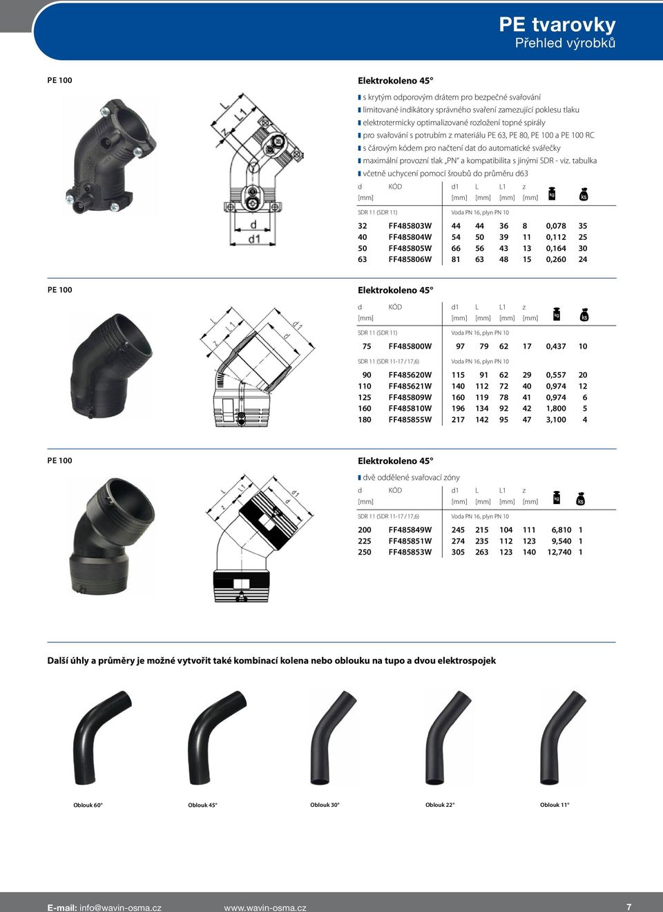 tabulka včetně uchycení pomocí šroubů do průměru d63 d KÓD d1 L L1 z SDR 11 (SDR 11) Voda PN 16, plyn PN 10 32 FF485803W 44 44 36 8 0,078 35 40 FF485804W 54 50 39 11 0,112 25 50 FF485805W 66 56 43 13