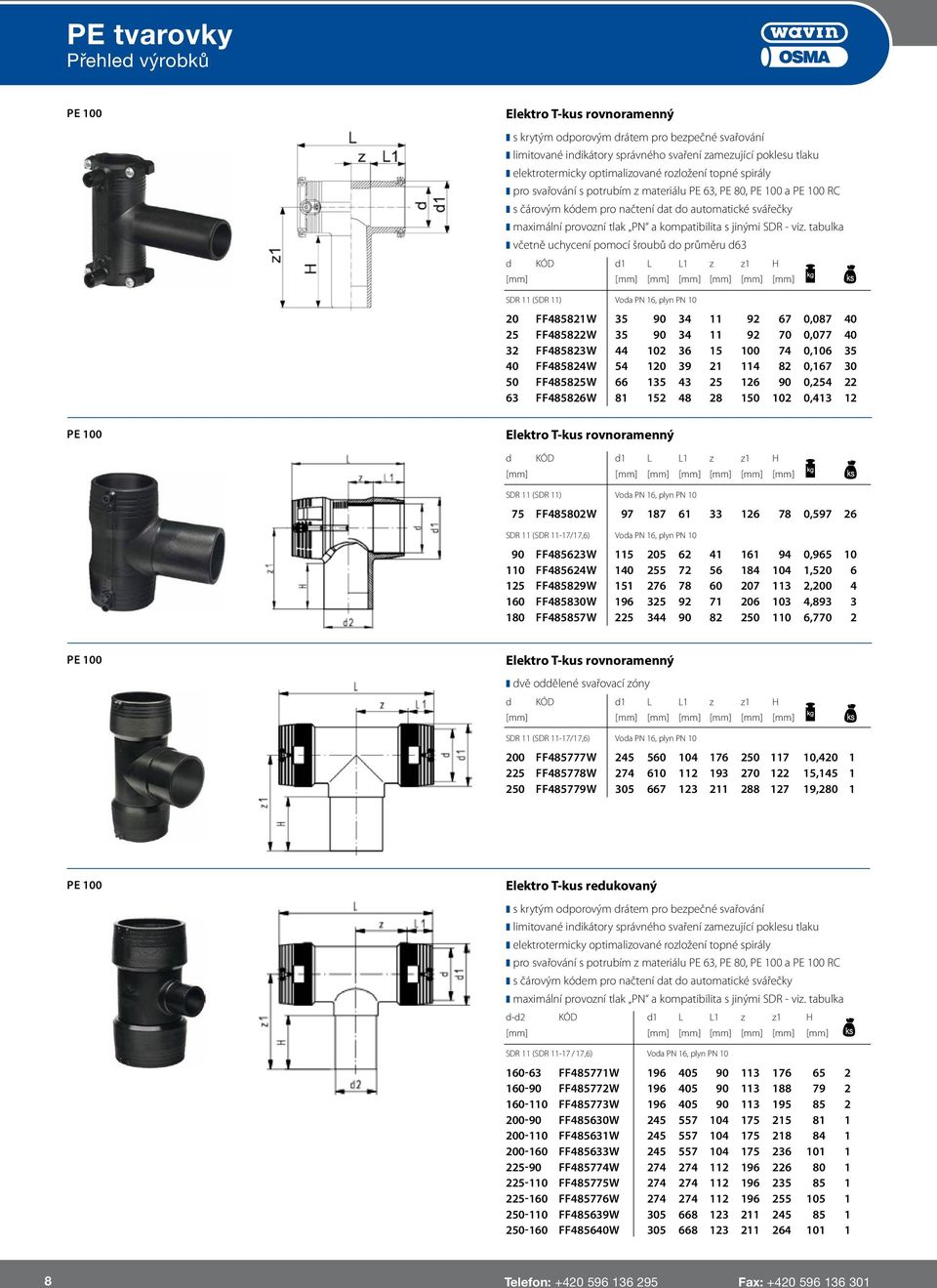 tabulka včetně uchycení pomocí šroubů do průměru d63 d KÓD d1 L L1 z z1 H [mm] [mm] SDR 11 (SDR 11) Voda PN 16, plyn PN 10 20 FF485821W 35 90 34 11 92 67 0,087 40 25 FF485822W 35 90 34 11 92 70 0,077