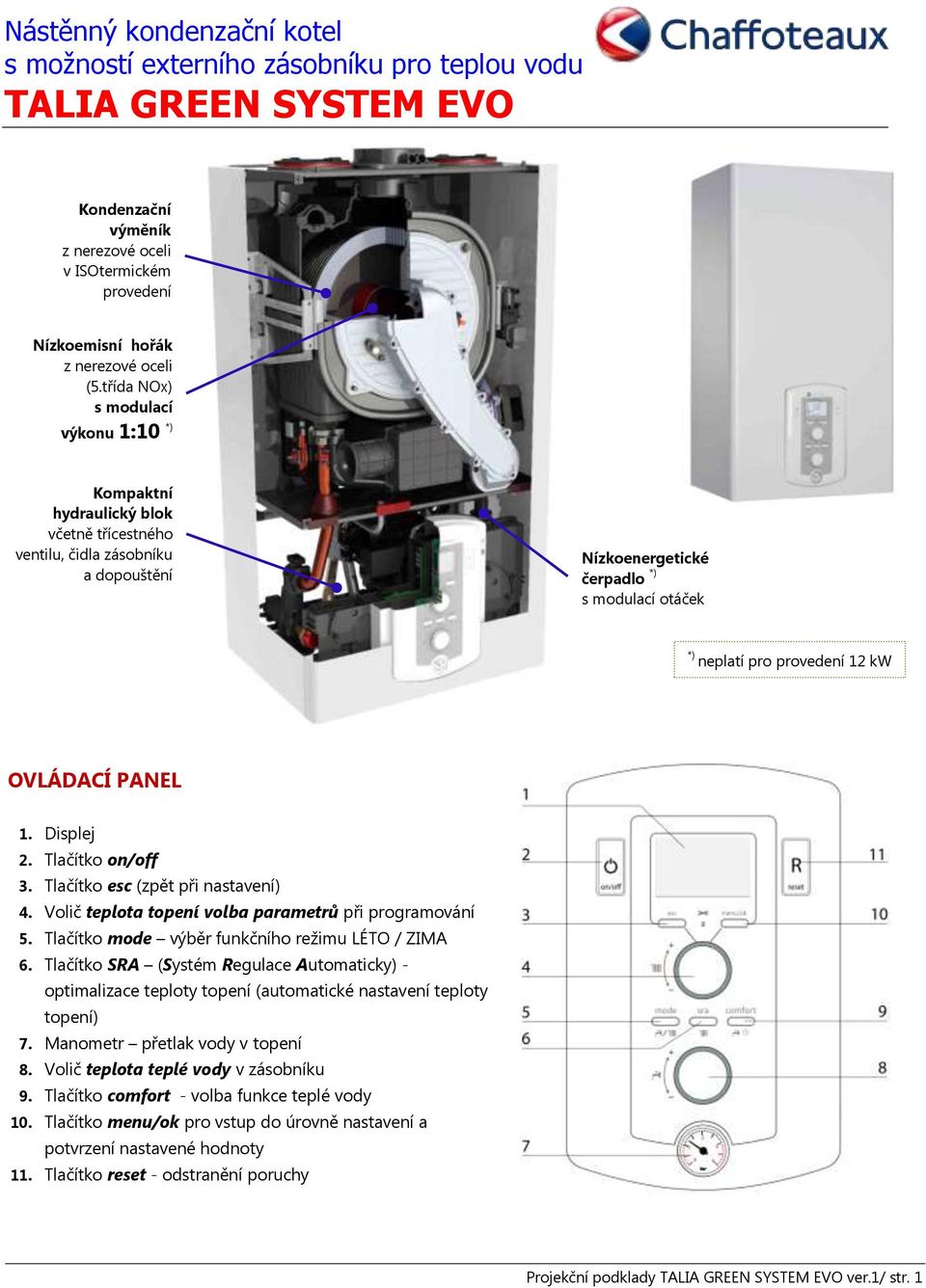 OVLÁDACÍ PANEL 1. Displej 2. Tlačítko on/off 3. Tlačítko esc (zpět při nastavení) 4. Volič teplota topení volba parametrů při programování 5. Tlačítko mode výběr funkčního režimu LÉTO / ZIMA 6.